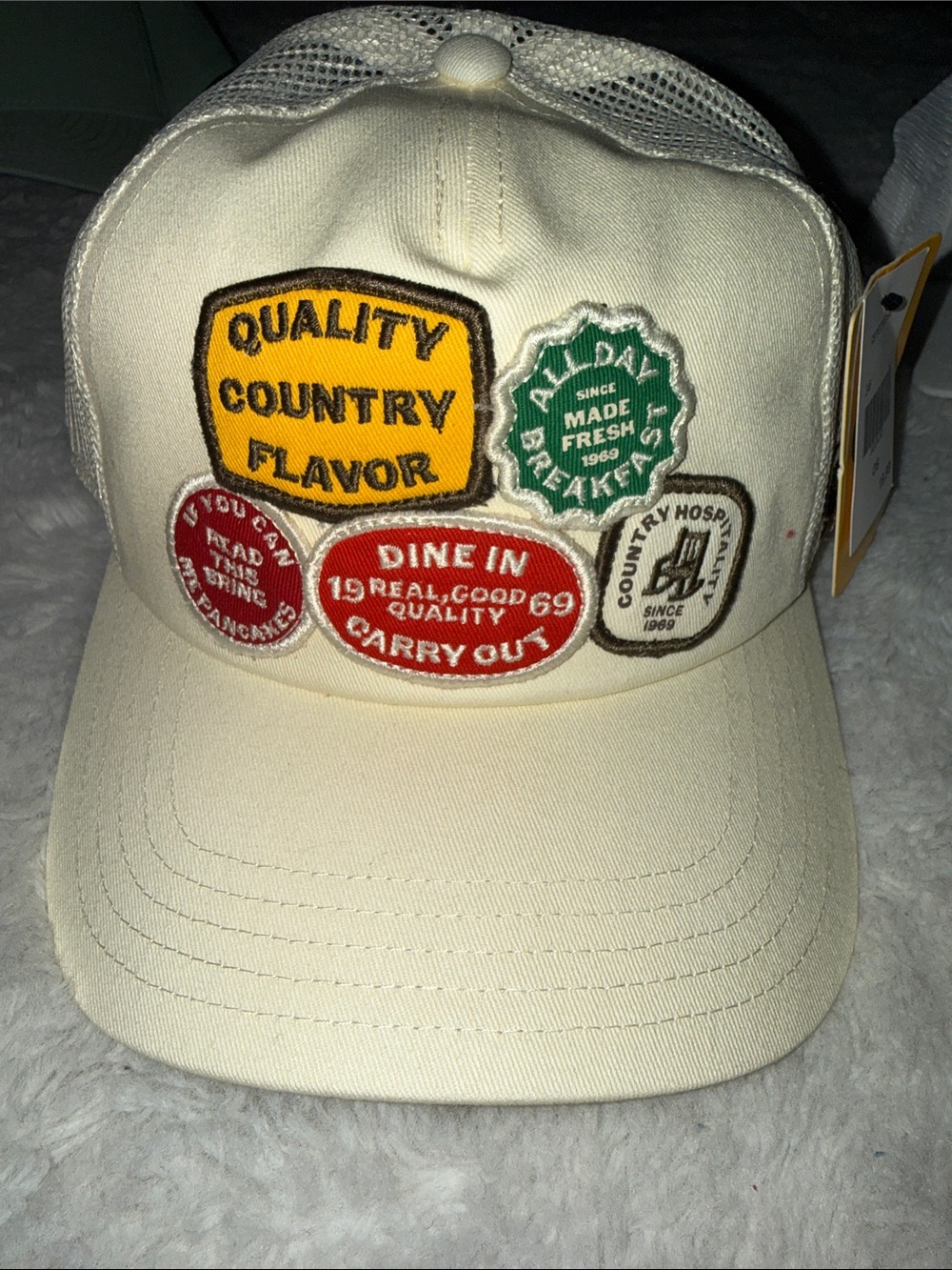 Cream Patchwork Trucker Hat with Multi-Color Patches